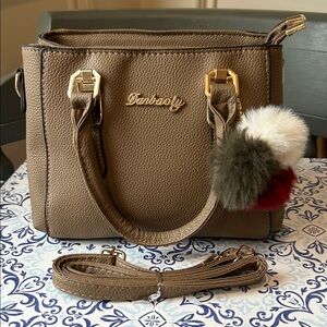 Tan Satchel with Pom-Pom Charm